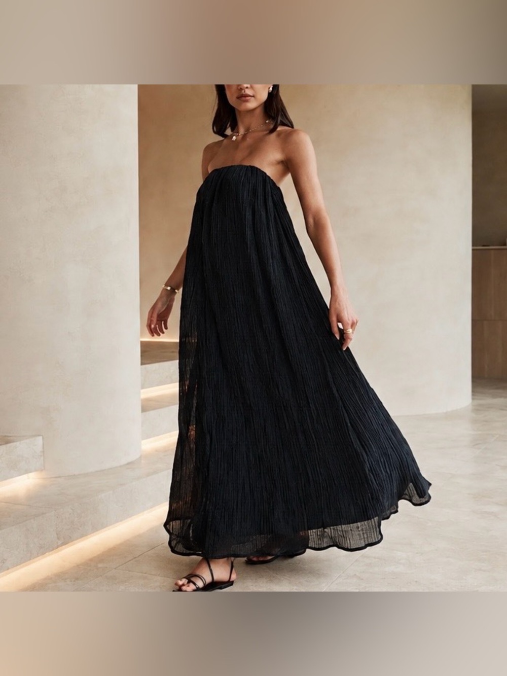 DISSH Nicol Black Linen Lined Minimalist Capsule Strapless Midi Dress Size 4